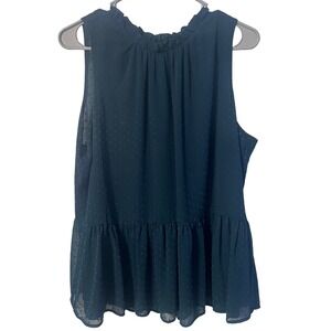 LOFT Womens Large Teal Green Clip Dot Ruffle Neck Peplum Sleeveless Blouse Top